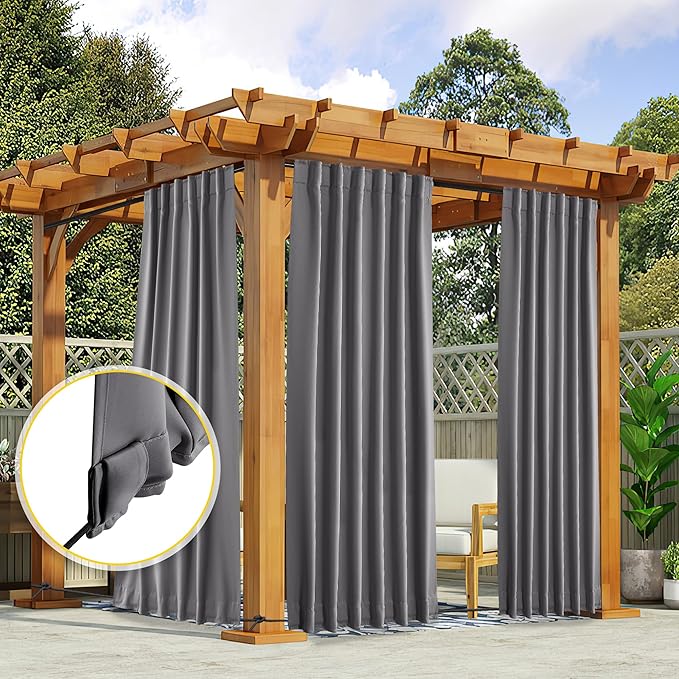 NICETOWN 2 Panels Outdoor Curtains for Patio Waterproof & Windproof, Rod Pocket & Back Tab on Top & Bottom for Privacy and Wind Resistant for Pergola, Free Rope Included, Grey, W52 x L84 per Panel NICETOWN