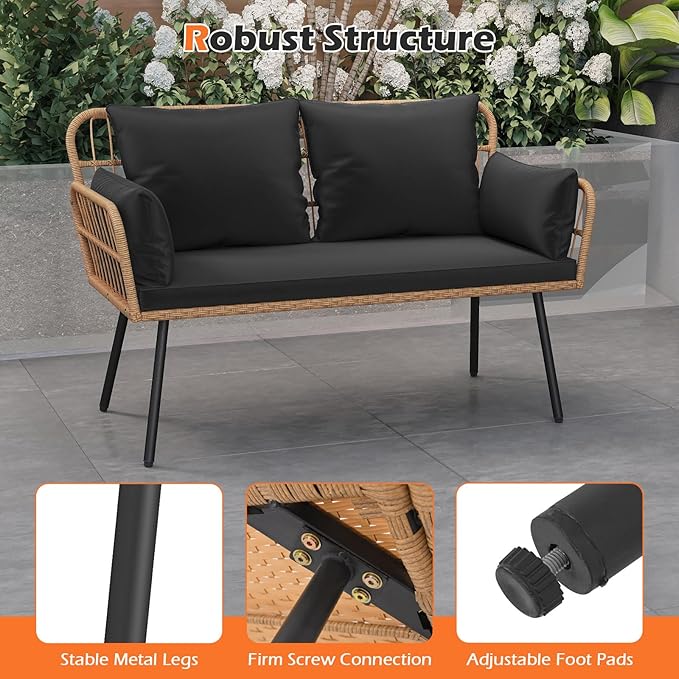Tangkula Patio Wicker Loveseat, Outdoor Rattan 2-Seat Cushioned Sofa with Heavy Duty Metal Frame, for Backyard,Porch,Poolside (Black) TANGKULA