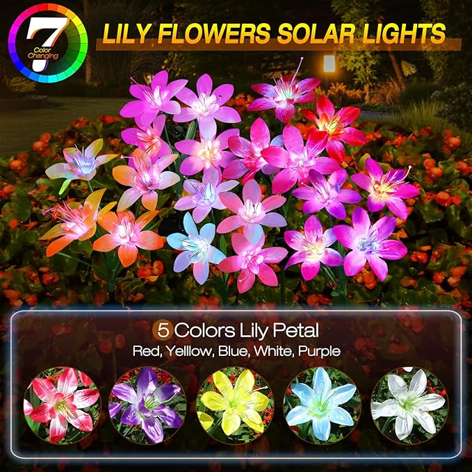 Aukora Solar Garden Lights Outdoor 5 Pack, 5 Colors Lily Flowers & 7-Color Changing Slide Beads Waterproof for Outside Pathway Patio Yard Decorations ＆ Mother's Day Gift, Red Yellow Blue White Purple AUKORA