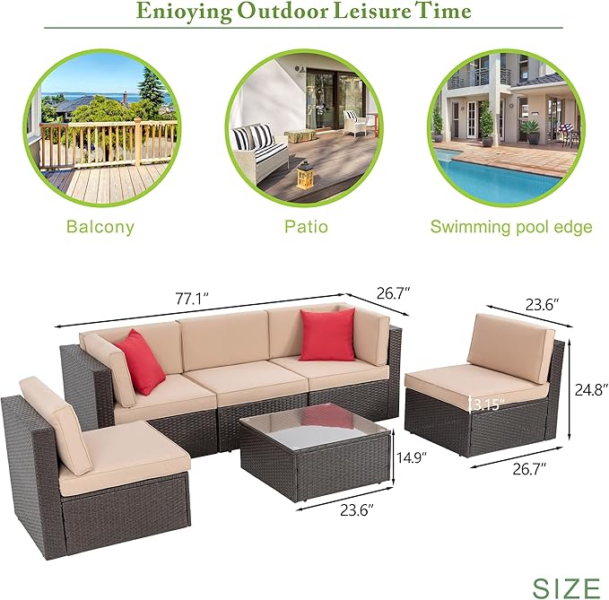 Vongrasig 6 Piece Patio Furniture Set, Small Outdoor Sectional Sofa Couch, All Weather PE Wicker L-Shaped Corner Patio Sofa Garden Backyard Patio Conversation Set w/Glass Table, Beige Vongrasig