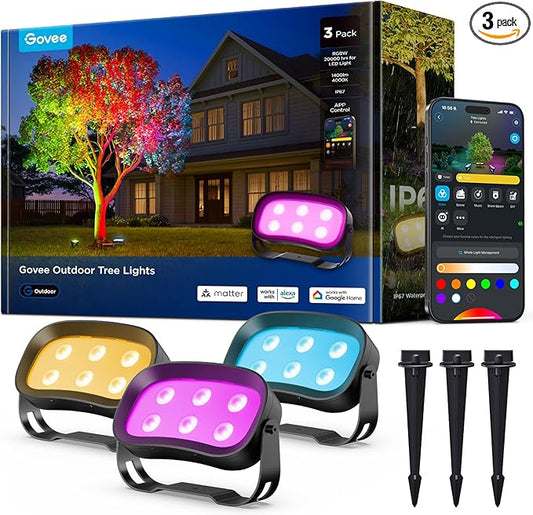 Govee Outdoor Tree Lights 3-Pack, RGBWIC LED Landscape Lighting, Outdoor Lights for Yard Garden Patio, 66 Scene Modes for Holiday Party and Event, App Control, Google Assistant, Matter Govee