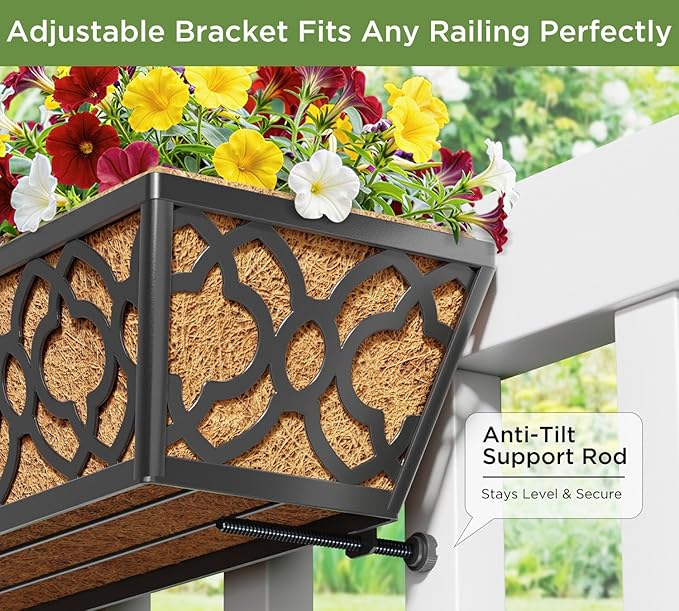 HFHOME 4 Pcs 30" Window Box Deck Railing Planter with Horse Trough Coco Liners, Black Metal Hanging Flower Planters Baskets for Indoor, Outdoor, Balcony, Porch, Fence, Patio, and Lawn HFHOME