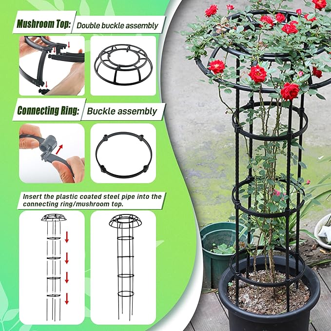 Garden Trellis for Climbing Plants Outdoor, 65 Inch Mushroom Top Trellis for Climbing Plants, Plant Trellis Support for Potted Plants Climbing Vine Rose Clematis Vegetable Trellis, 2 Pack Rootora
