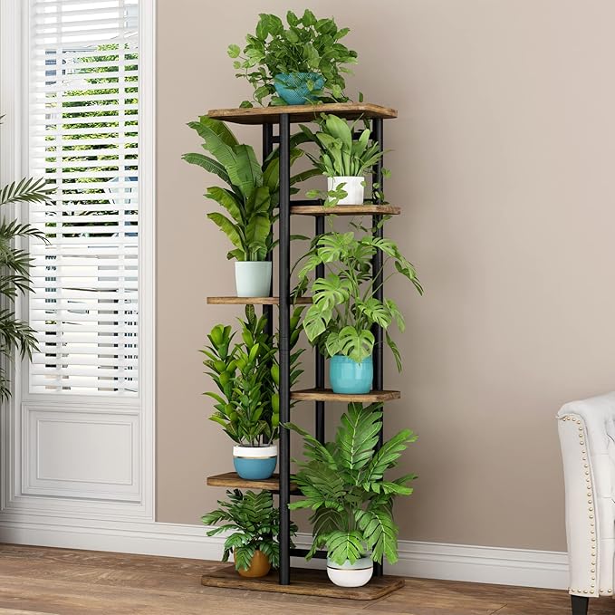 LINZINAR Plant Stand 6 Tier 7 Plant Multiple Flower Rack Holder Shelves Rack Storage Organizer Display Indoor Planter for Balcony Bedroom Patio Garden Living Room, Black LINZINAR