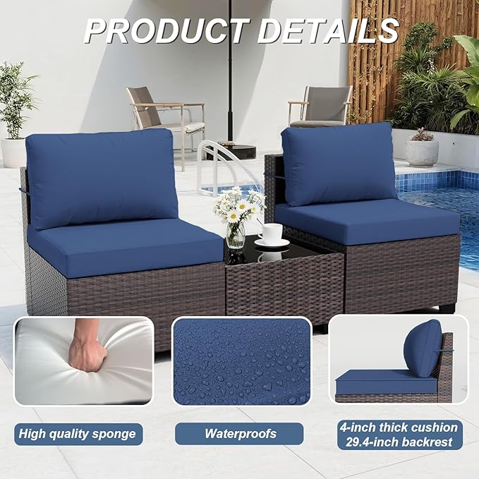 ALAULM Patio Furniture Set with Coffee Table, 9 Pieces Outdoor Sectional with Wide Seat and Thick Cushion, All Weather Wicker Rattan Conversation Set for Backyard, Garden, Deck, NavyBlue ALAULM