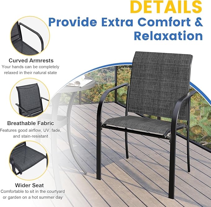 VICLLAX 5 Pieces Patio Dining Set, Outdoor Furniture Set Includes 41.2" Round Patio Table and 4 Patio Sling Chairs, Black Tabletop and Dark Grey Fabric HOME