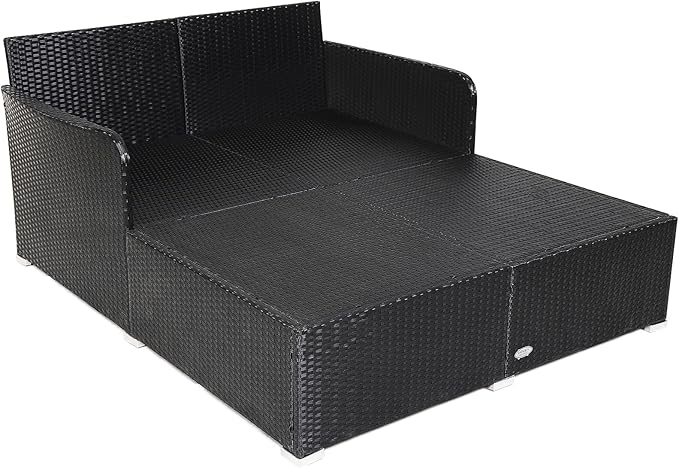 HAPPYGRILL Outdoor Rattan Daybed Patio Loveseat Sofa Set with Padded Cushion Pillows and Sturdy Aluminum Foot Wicker Patio Furniture for Garden Porch Poolside HAPPYGRILL