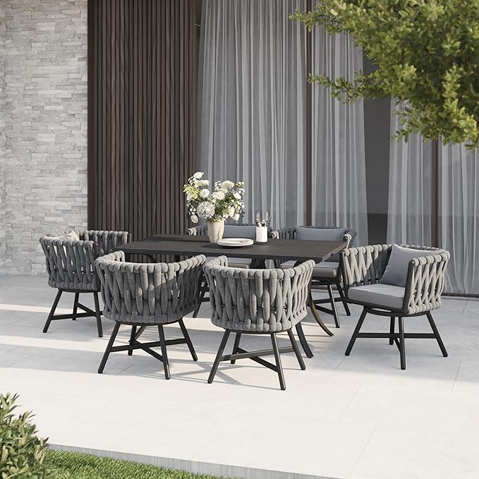 Grand patio 7-Piece Outdoor Dining Set for 6, Patio Dining Furniture Set for 6 Swivel Rope Wicker Chairs & 1 Bent Legs Rectangular Dining Faux Woodgrain Table with Umbrella Hole, Dark Gray GrandPatio