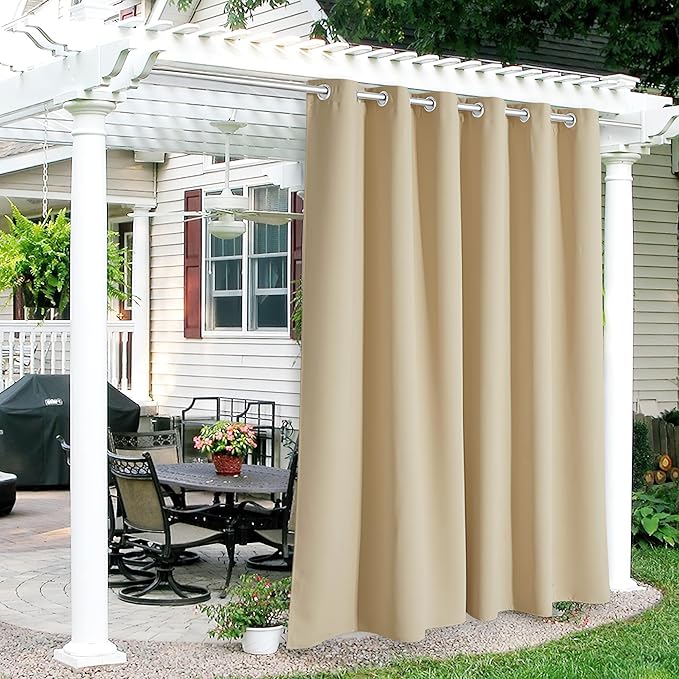 RYB HOME Outdoor Curtains for Patio Waterproof Block Sunlight Thermal Insulated Privacy Assured Thick Outside Curtains for Porch, Gazebo, Pergola, W84 x L84, Biscotti Beige, 1 Panel RYBHOME
