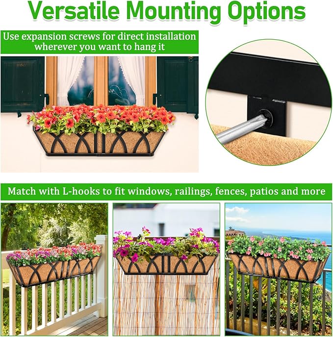 Riare 2 Pack 24 Inch Metal Railing Planter Window Box with Coco Liner- Adjustable Window Flower Boxes for Railings, Hanging Rail Planters for Deck, Balcony, Porch, Fence, Indoor Outdoor Plants Riare