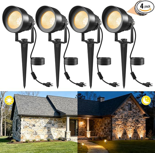Landscape Spot Lights Outdoor, Dusk to Dawn Outdoor Lighting with IP65 Waterproof, 3000K Warm White Plug in Spotlight for Yard Tree Wall Pathway Flag Pole House, 4 Pack TSUNESLUX