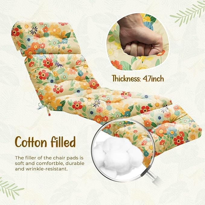 4 Pack Outdoor Chaise Lounge Chair Cushion 75.1 x 22.8 x 4.7 Inches 100% Waterproof Replacement Cotton Patio Pool Lounge Chair Cushion for Outdoor Furniture with Ties,Daisy Uthem