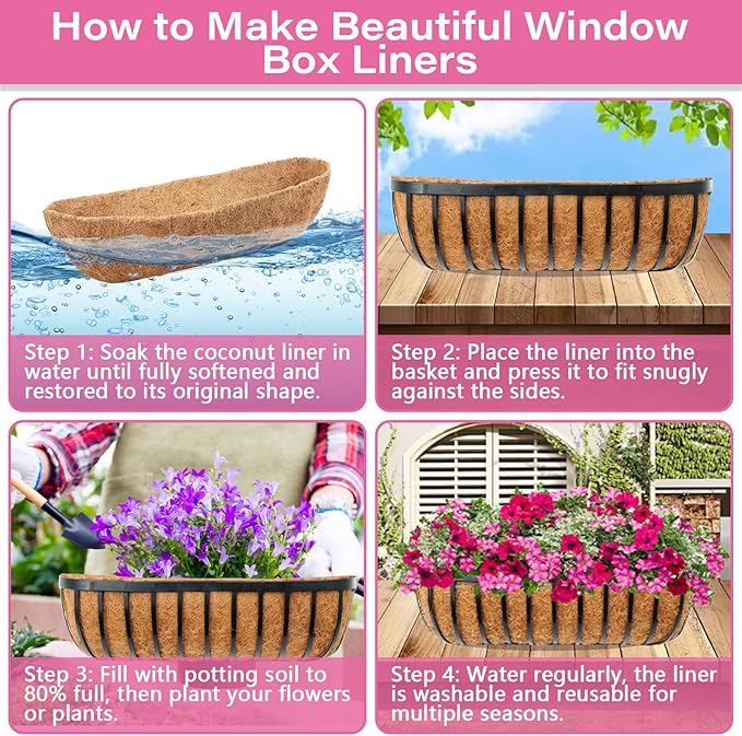 Legigo 4 Pack 24 Inch Natural Trough Coco Liner for Planters- Window Box Liners Coconut Basket Liners, Planter Box Coconut Liner for Window Flower Box Pots, Fence Trough Planter, Wall Planter Basket Legigo