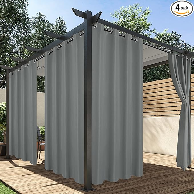 HolidayIdeas Outdoor Curtains for Patio Waterproof, 4 Panels - 54 x 120 Inch - Privacy Protection & Light Filtering Curtains Grey Grommet Outside Curtains for Porch, Gazebo, Pergola, Backyard HolidayIdeas