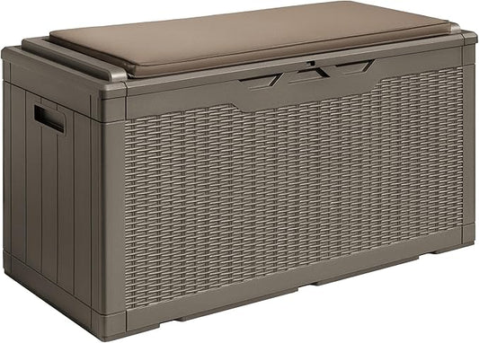 Devoko 100 Gallon Waterproof Large Resin Deck Box Outdoor Storage Box Indoor Lockable Storage Container with Cushion for Patio Furniture Garden Pool Cushions (Light Brown) DEVOKO