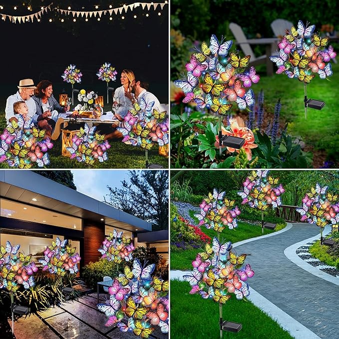 Solar Garden Lights Outdoor Waterproof Decorative Solar Lights Outdoor 8 Pack with 176 LED 136 Butterfly Flower Garden Decor Yard Decorations Patio Lawn, Gifts for Mother's Day Mom Women Adecorty