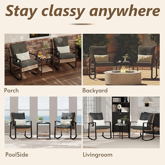 3 Piece Patio Rocking Chairs Set of 2, Outdoor Rocking Chair Bistro Set with Tempered Glass Coffee Table and Thick Lumbar Pillow Set, Front Porch Chairs for Garden, Backyard (Gray Cushion) Rotihom