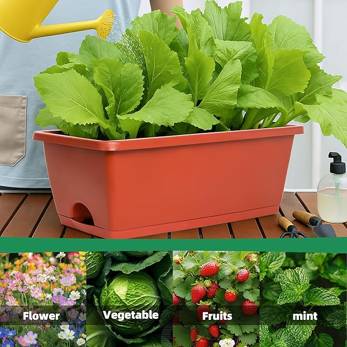 Window Box Planter, 12 Pack Plastic Vegetable Flower Planters Boxes 17 Inches Rectangular Flower Pots with Saucers for Indoor Outdoor Garden, Patio, Home Decor (Brick RED) (Brick RED) LOCONHA