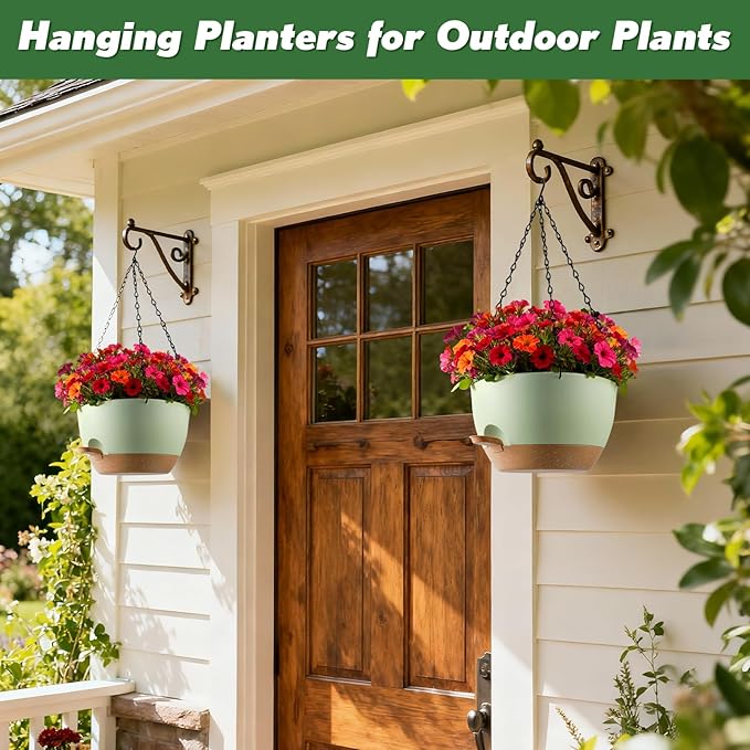 3-Piece Set of 10-Inch Hanging Planters with Automatic Watering System and Drip Tray, Includes Metal Chain, Suitable for Various Indoor and Outdoor Plants and Flowers, Green Brown Rootora