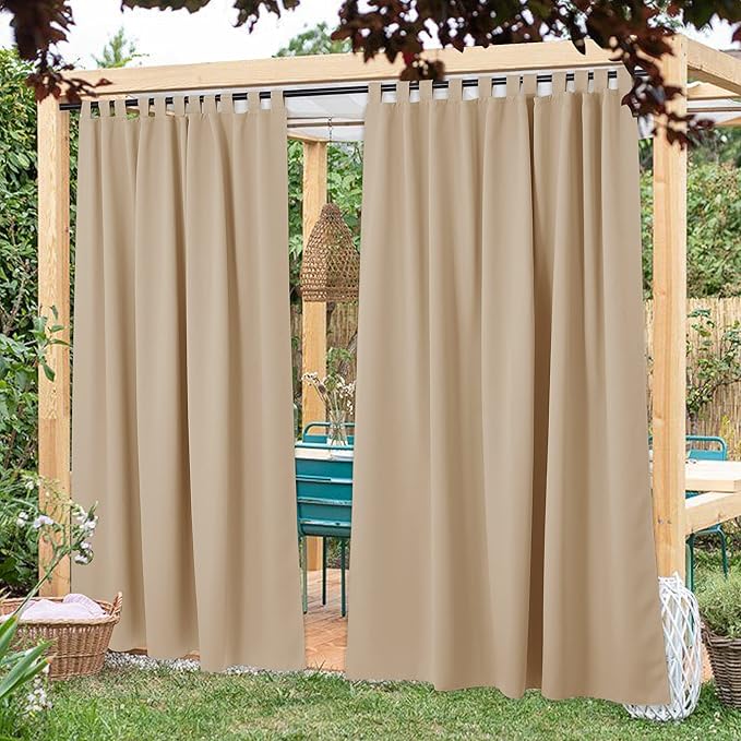 NICETOWN 2 Panels Patio Outdoor Curtainss 95 inch Long Waterproof for Exterior Space, Home Fashion Thermal Insulated with Detachable Tab Top Room Darkening Drapes for Cabana, 84" W, Biscotti Beige NICETOWN