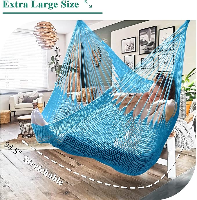 Upgraded Caribbean Hammock Chair with Detachable Metal Bar, Large Hammock Swing Chair, XL Rope Hanging Chair for Outdoor Indoor, 330 LBS Weight Capacity, DeepSkyBlue Bathonly
