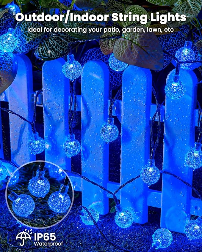 Brightown Solar String Lights Outdoor 60 Led 35.6 Feet Waterproof Solar Powered Patio Lights with 8 Lighting Modes for Garden Yard Porch Wedding Party Decor Halloween (Blue) Brightown