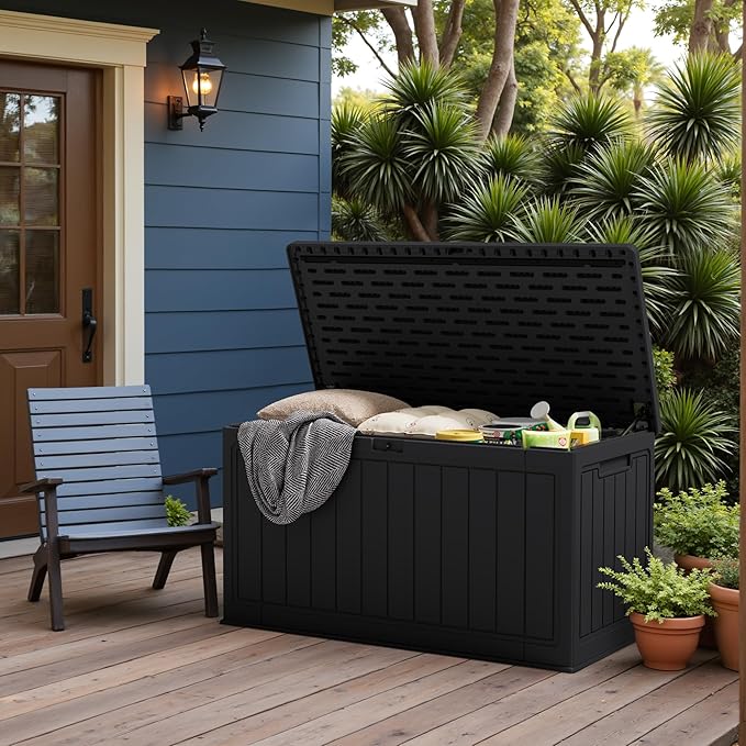 JUMMICO 160 Gallon Resin Outdoor Storage Deck Box with Divider, Waterproof Storage Box&Bench with Lockable Lid for Garden Tools, Pools Supplies (Black) JUMMICO
