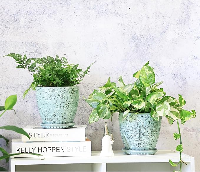 6 Inch Retro Ceramic Planter Set of 2 with Drainage Hole and Saucer for Plants, Indoor-Outdoor Garden Pots for Succulent, Orchid, and Flower (Fits Inner Pots Up to 5 Inches, Retro Green) Bestseler