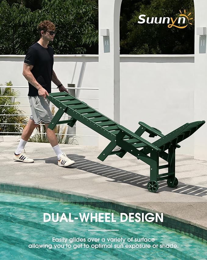 Chaise Lounge Outdoor, Lounge Chair Outdoor with Wood Texture, Adjustable 5-Position Backrest, HDPE Lounge Chair with Wheels & Cup Holder for Pool Deck Backyard, Green Suunyn