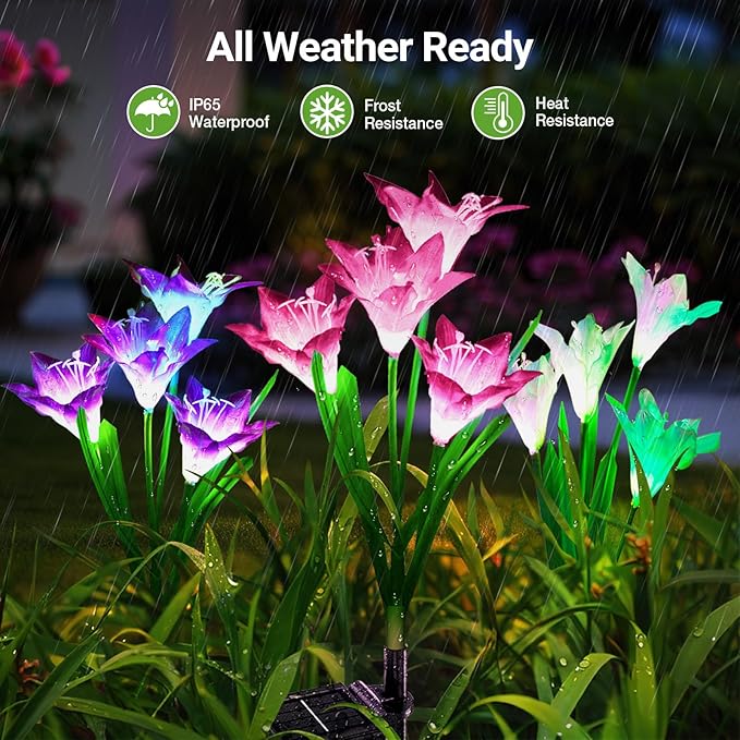 WdtPro Solar Outdoor Lights Garden Decorative 10 Pack, Waterproof Solar Garden Lights with 40 Lily Flowers, Multi-Color Changing Outdoor Solar Lights for Yard Outside Decorations WdtPro