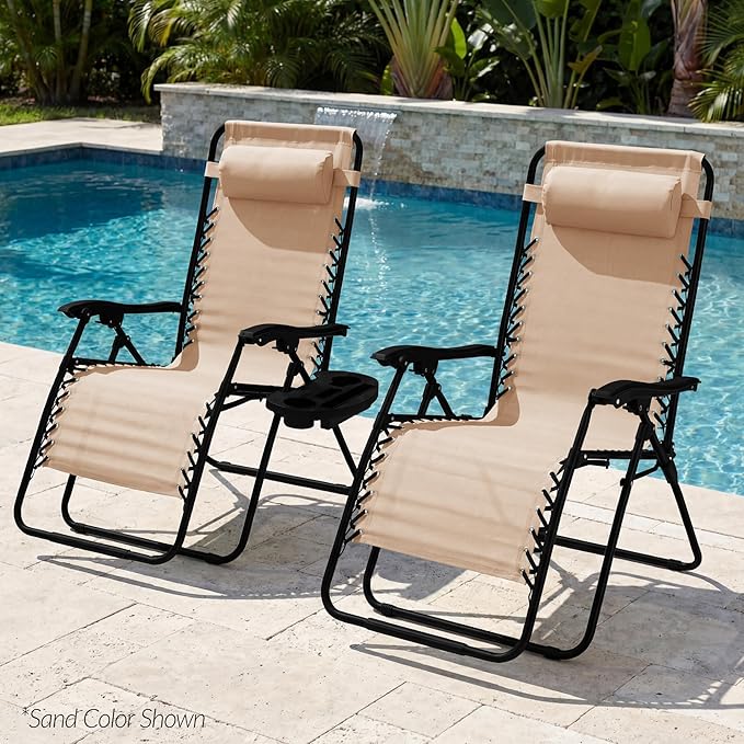 Best Choice Products Set of 2 Extra Wide Adjustable Steel Mesh Zero Gravity Lounge Chair Recliners w/Pillows and Cup Holder Trays - Tan Stripes BestChoiceProducts