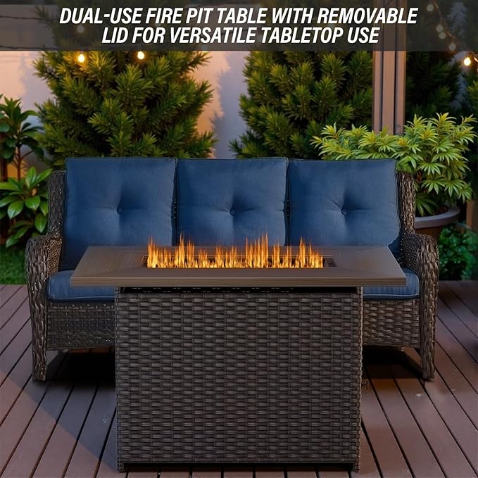 Belord Outdoor Sectional Sofa with 41" Propane Fire Pit Table - 9 Piece Patio Conversation Set with Storage Box and Swivel Rocker Chairs All-Weather PE Wicker Furniture Set Brown Belord