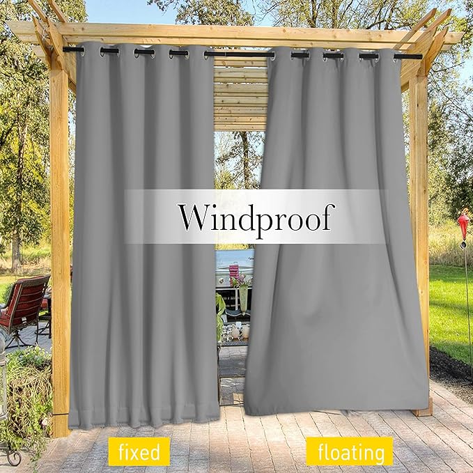 NICETOWN 2 Panels Outdoor Curtains for Patio Waterproof & Windproof, Thermal Insulated Top & Bottom Grommet & Back Tab Sun Blocking Outdoor Drapes with Fixed Rope for Gazebo, Silver Grey, W66 x L90 NICETOWN