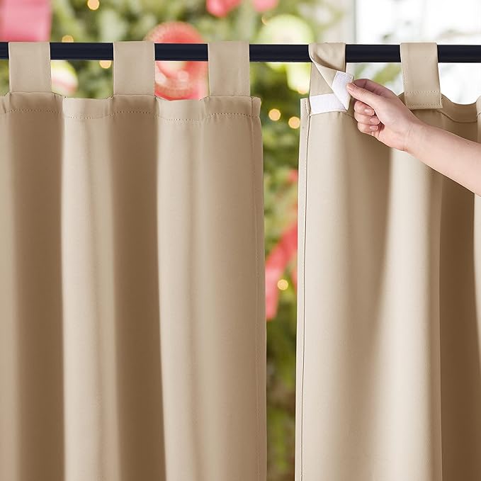 NICETOWN 2 Pieces Outdoor Curtainss Waterproof for Patio Clearance, Room Darkening Sticky Tab Top Thick Light Block Thermal Insulated Outdoor Drapes for Front Porch, Biscotti Beige, W52 by L95 NICETOWN