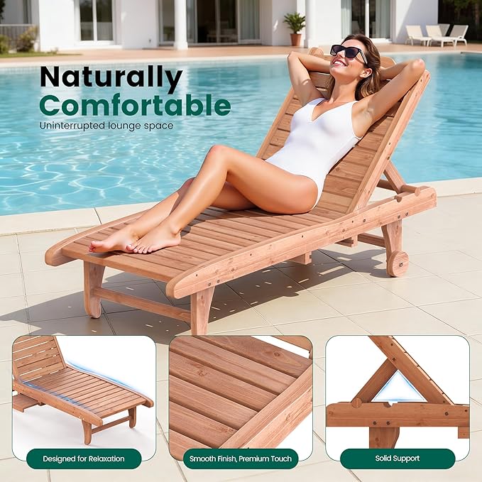 Wooden Chaise Lounge Chair, 3-Position Adjustable Outdoor Tanning Chair with Hidden Side Tray & Wheels, Poolside Patio Sun Chair EUNHOO
