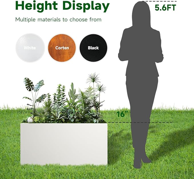 Galvanized Steel Garden Planter 36” x 12” x 16” White Metal Planter Box Modern Metallic Heavy Planter Indoor & Outdoor, Commercial & Residential (White, L36 x W12 x D16) DISCOVERINGBEAUTY