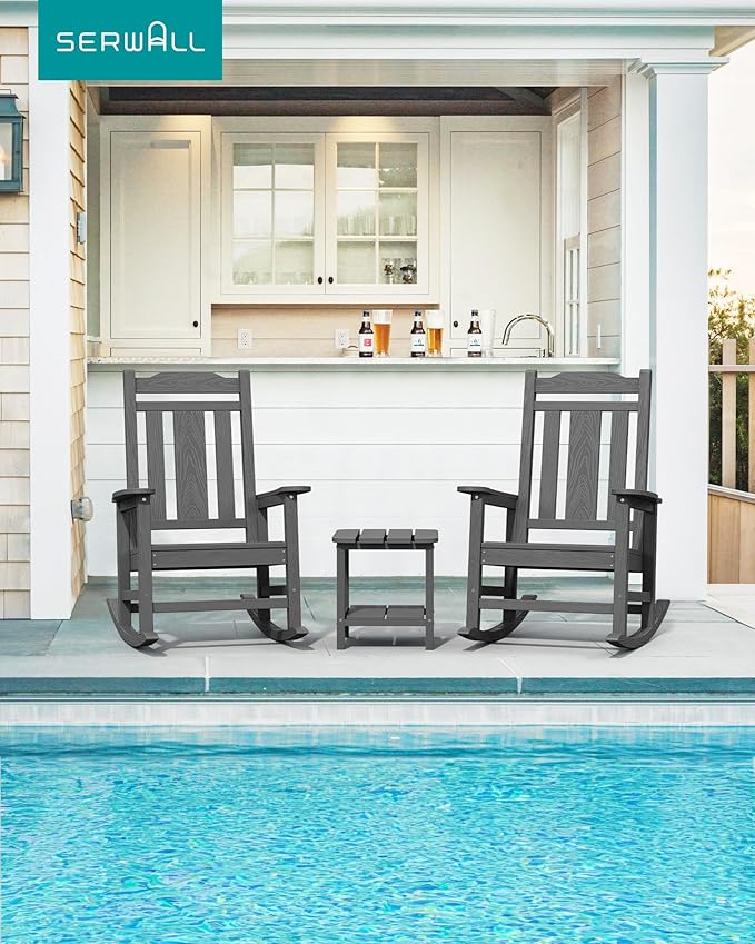 SERWALL Oversized Rocking Chair Set of 2 Outdoor, HDPE Outdoor Rocking Chair Set of 2, Grey SERWALL