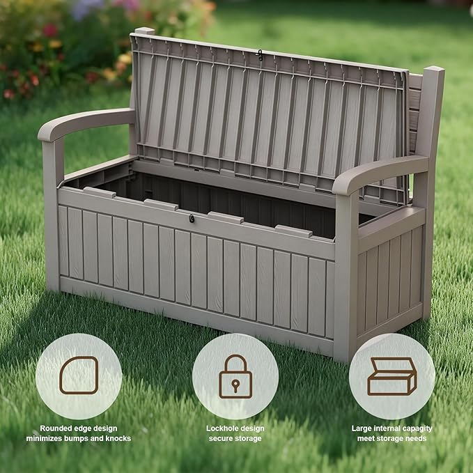 EasyUp 80 Gallon Wood Grain Style Outdoor Storage Bench, Waterproof and Lockable Deck Box Outdoor Storage Furniture for Patio,Garden,and Porch – Perfect for Storing Garden Tools and Cushions(Gray) EASYUP