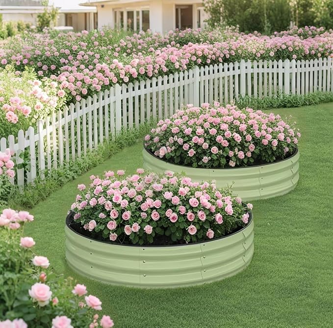 Raised Garden Bed Kit, 4x4x1 ft Round Galvanized Planter Box Outdoor with Safety Edging, Large Metal Raised Beds for Gardening Vegetables Flower Fruits (Avocado Green) Winpull