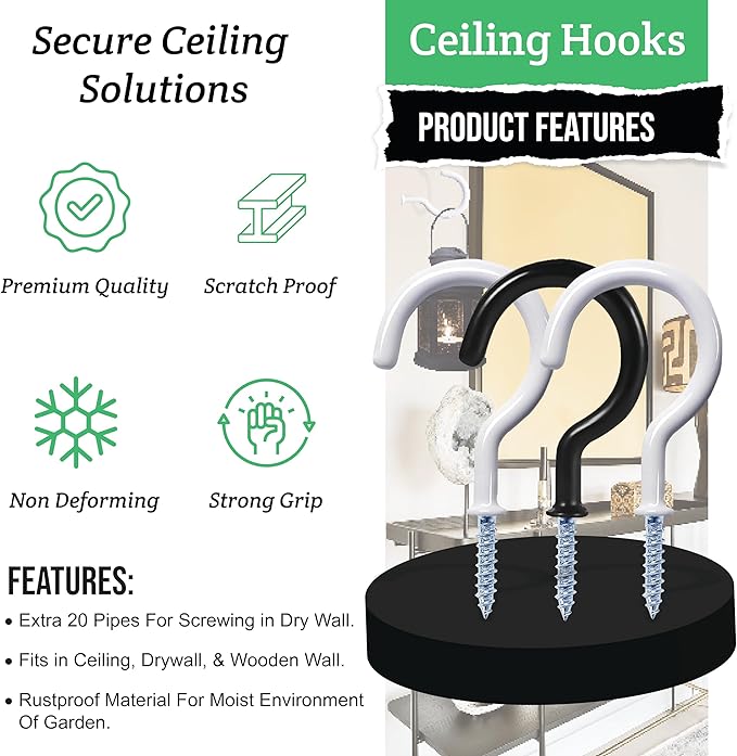 12 Pcs Ceiling Hooks for Hanging Plants, Cups, Utensils and Christmas String Lights, 1-1/4 inch Vinyl Coated Screw-in Plant and Cup Hooks for Wooden and Drywall with Anchors - White & Black Etoolia