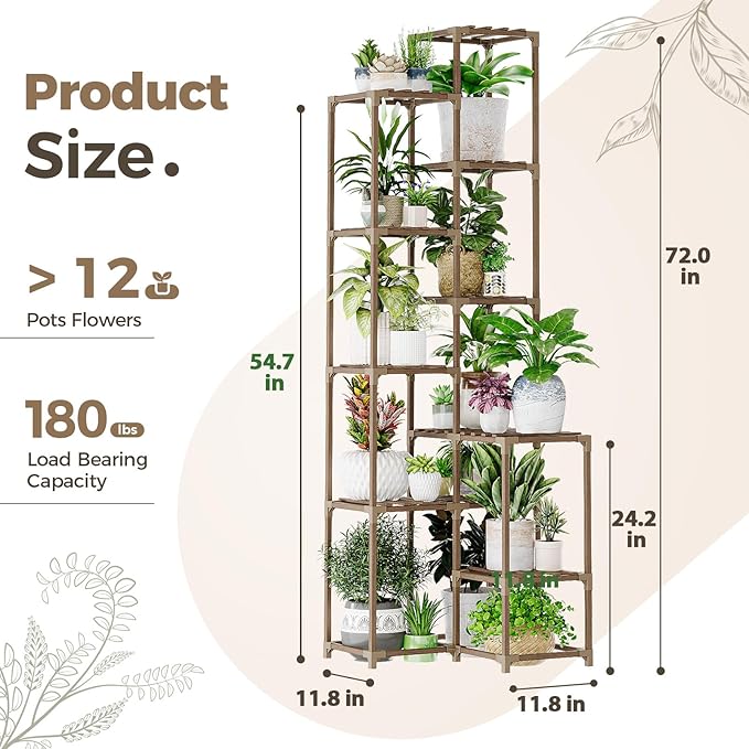 Bamworld 72" Tall Plant Shelf Indoor Outdoor Corner Plant Stand Large Plant Table Wood Plant Holder for 10 Pots Multiple Plants Patio Balcony Garden Office Home Decor Bamworld
