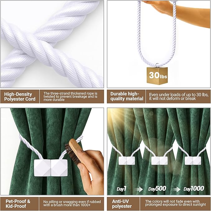 Hion Magnetic Curtain Tiebacks White 2pcs, Curtain Tiebacks Buckles Holdbacks Holders Hooks Clip for Home Bedroom Office Decorative Curtain Hion