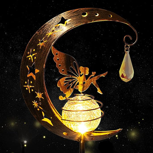 LICKLIP Moon & Fairy Garden Solar Stake Light Outdoor, Crackle Glass Globe With Metal Angle Stake, Waterproof Warm White LED, Decoration for Pathway Lawn Patio Courtyard Backyard (1 Pack) LICKLIP