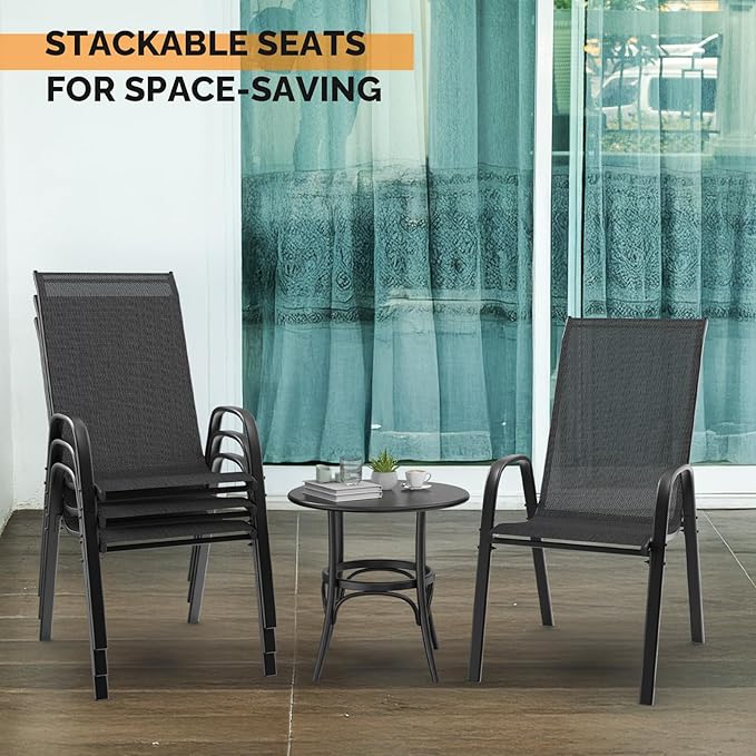 VINGLI Patio Chairs Set of 8 – Stackable Outdoor Dining Chairs with Comfortable Sling High Back Chairs and Armrests for Lawn, Poolside, Courtyard, Balcony, Garden, Black VINGLI