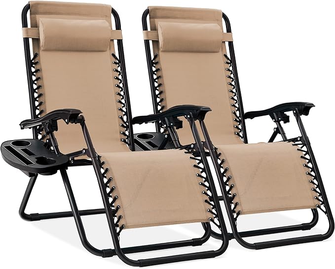 Best Choice Products Set of 2 Adjustable Steel Mesh Zero Gravity Lounge Chair Recliners w/Pillows and Cup Holder Trays - Sand BestChoiceProducts