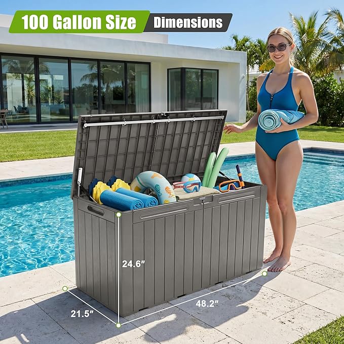 Flamaker Resin Deck Box 100 Gallon Large Lockable Outdoor Storage Box Waterproof for Patio Cushions, Tools, Pool Accessories (Light Brown) Flamaker