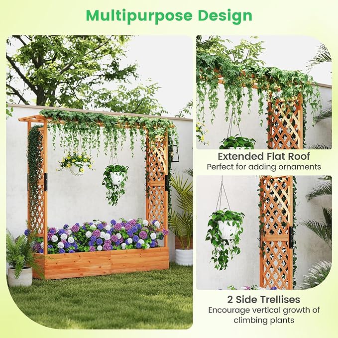 Giantex Set of 2 Raised Garden Bed with Trellis & Hanging Roof, Wood Planter Box with Bottom and Drainage Holes, Freestanding Garden Planter for Flower Vegetable Fruit Herb Climbing Vines, 77"x17"x72" Giantex