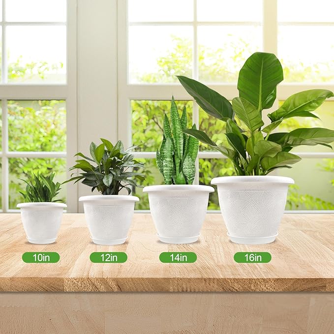 Plastic Flower Pots Planters For Indoor Plants, 4 Pack 14 Inch White Plant Pots With Drainage Hole & Tray, Modern Decorative Large Plant Pot With Saucer For Indoor Outdoor Plants Garden House Planter Fodetyff