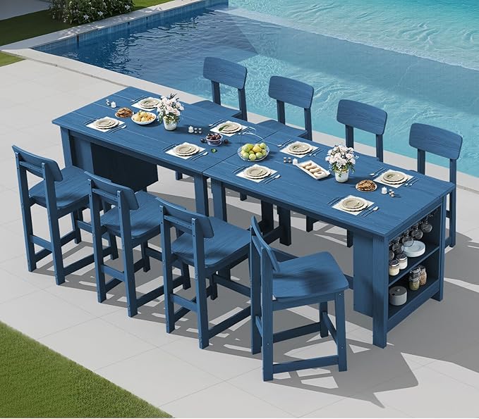 SERWALL 10-Piece HDPE Counter Height Dining Table Sets with Storage and Wine Rack, 2 Rectangular Bar Table with Bar Stools Set of 8 for Garden, Backyard, Kitchen, Blue SERWALL