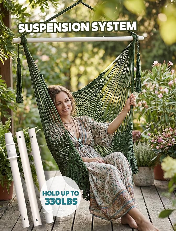 Chihee Hammock Chair Super Large Hanging Chairs Soft-Spun Cotton Rope Woven Chair, Collapsible Strong Metal Spreader Bar Wide Seat Lace Stretch Swing Chairs Indoor Outdoor Garden Yard Theme Decoration Chihee